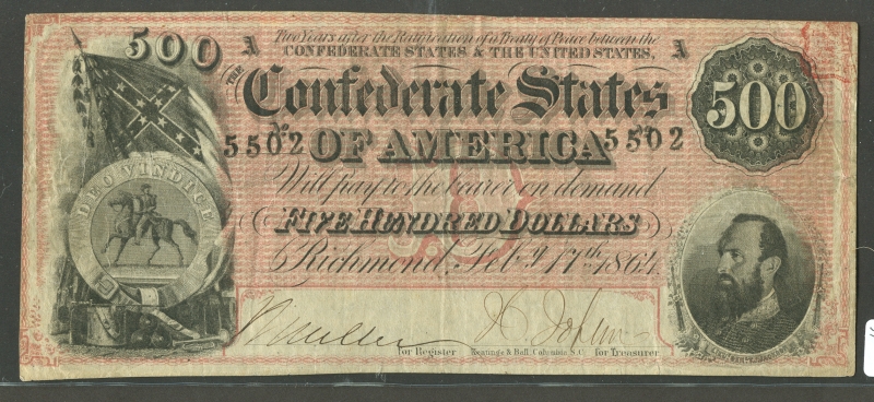 T64 (489A) 1864 $500 Confederate States of America